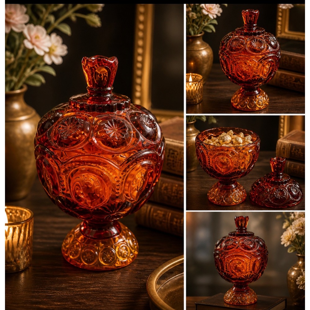 LE Smith Moon & Star Amberina Glass Pedestal Compote Candy Dish Lidded Vintage